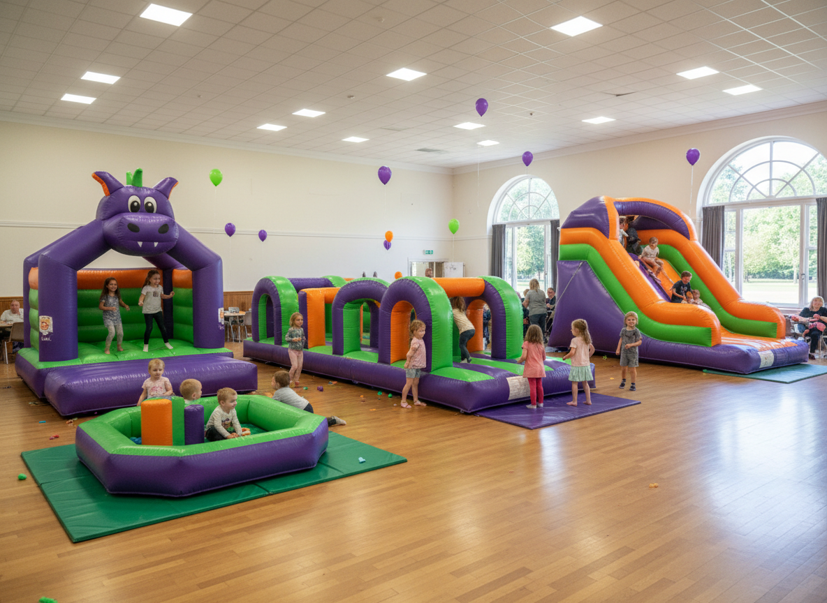 Purple, Green and Orange inflatables with children playing. Setup indoors